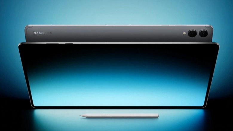 Front and back view of the Samsung Galaxy Tab S11 on a blue background with its stylus.