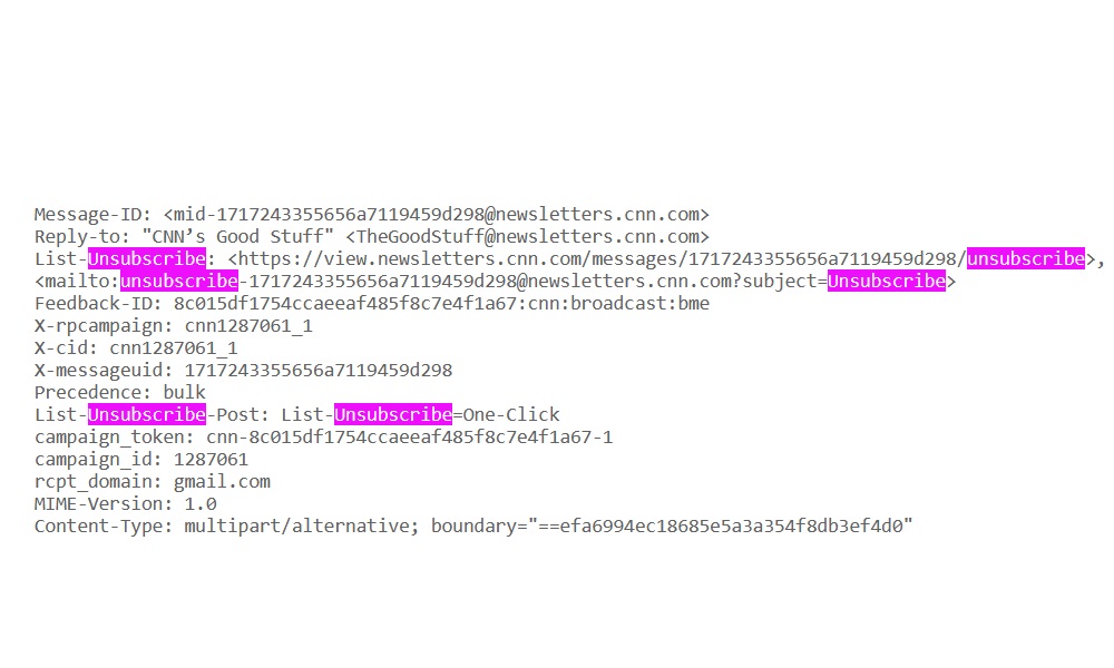 A view of raw email header code showing the List-Unsubscribe field used by Gmail to generate its native button.
