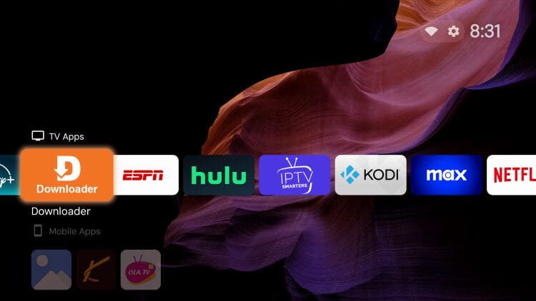 A wide shot of a living room TV showing a customized, ad-free Android TV home screen.