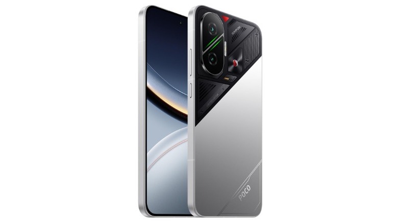 Silver product render of the Xiaomi Poco F7 smartphone.