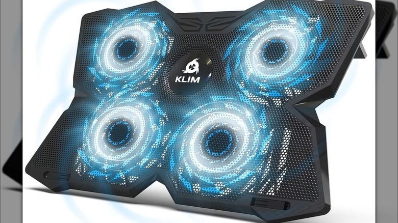Klim Wind laptop cooling pad with four blue LED fans and a full metal mesh top surface.