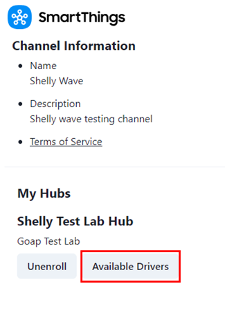 A list of available Shelly Wave drivers on the SmartThings portal.