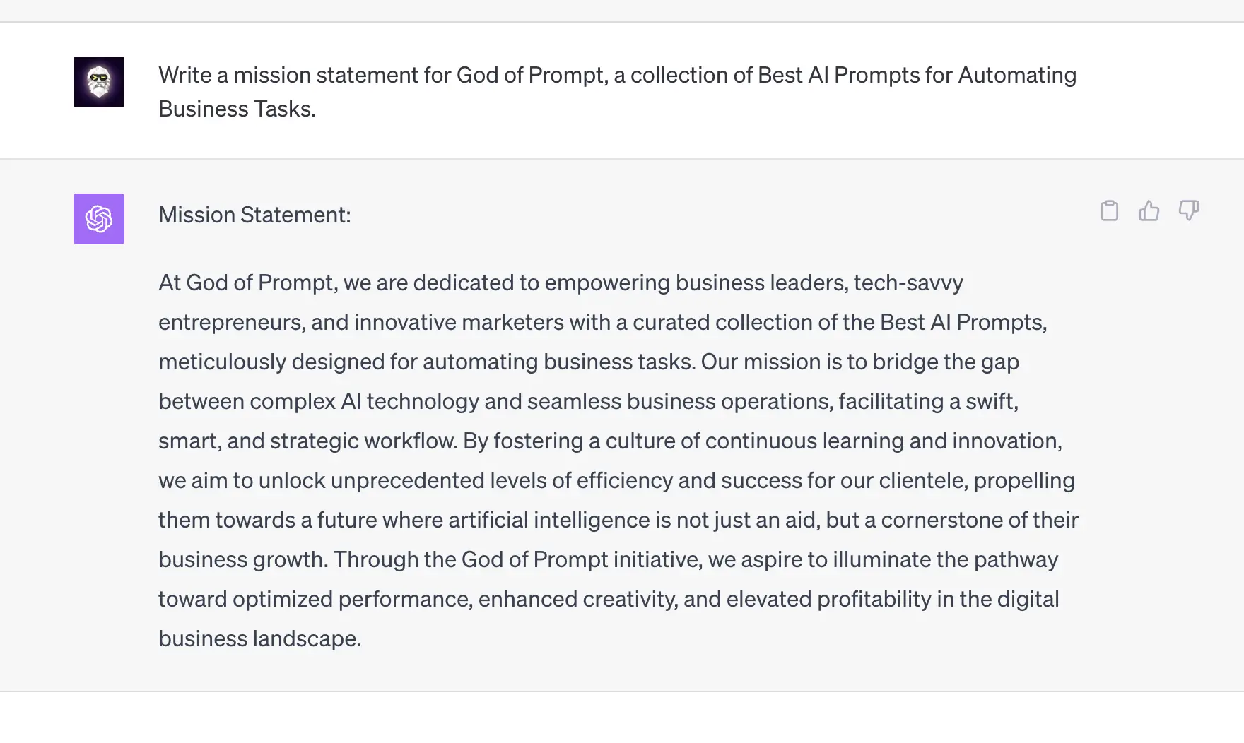 ChatGPT screen showing a generated mission statement for business