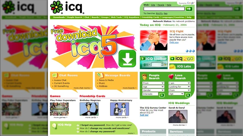 An archival screenshot of the ICQ website showcasing the iconic green flower logo.