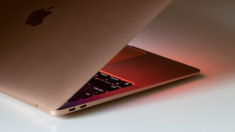 Macro side view of a space gray MacBook showing two Thunderbolt USB-C ports.