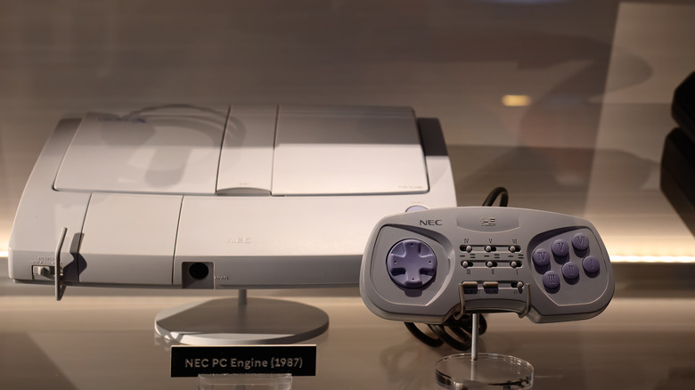 The TurboGrafx-16 console, known for its small HuCard media and high-end graphics.