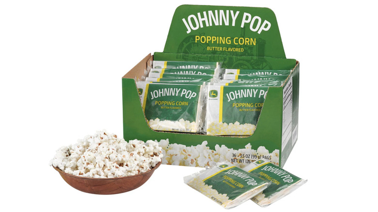 A box of John Deere Johnny Pop microwave butter popcorn.