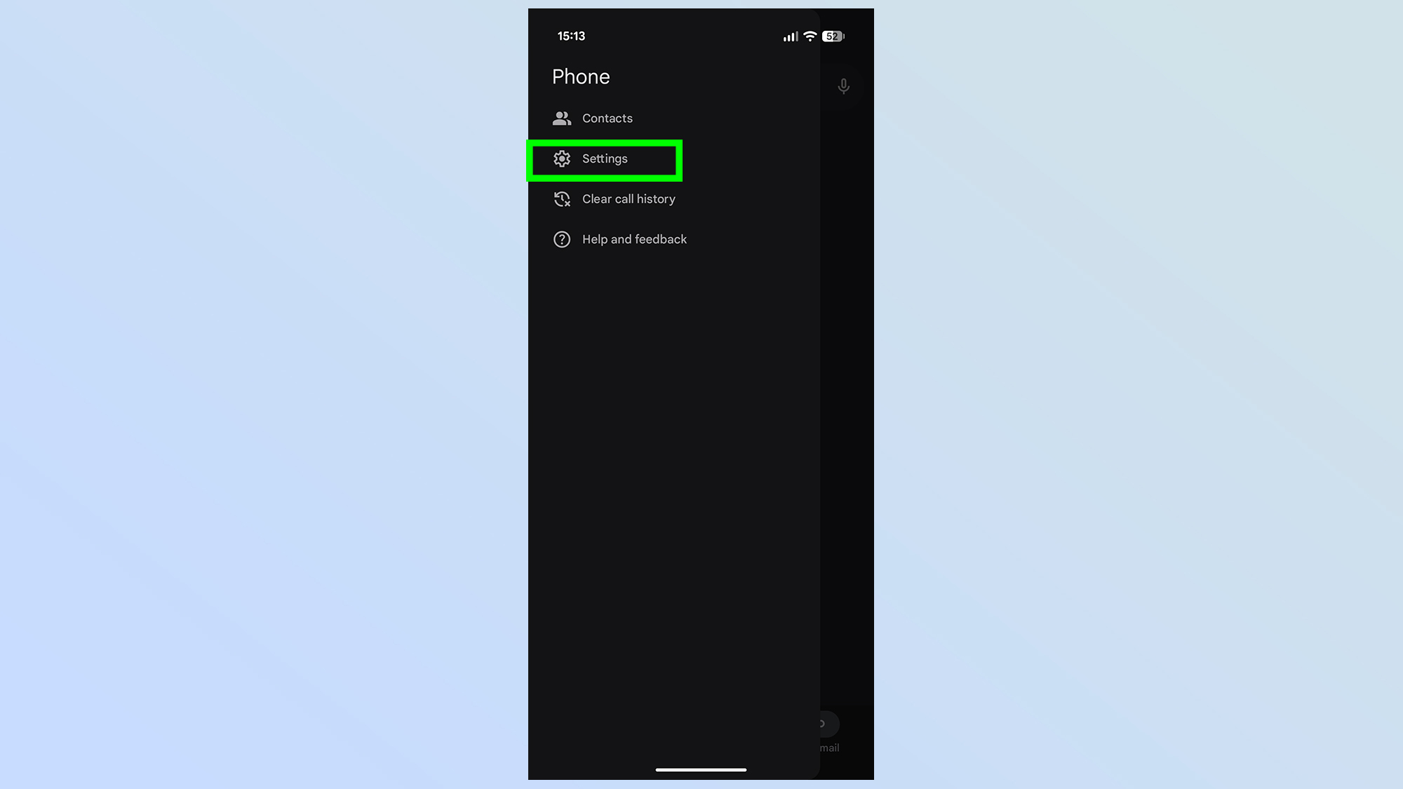A finger selecting the Settings option from a dropdown menu on a Google Pixel smartphone.