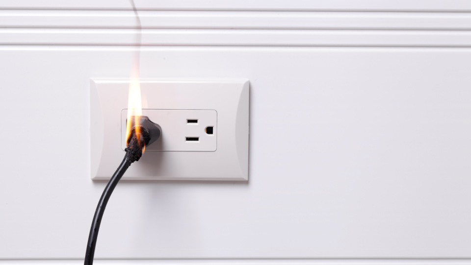 A hand pulling a power cord out of a standard electrical wall outlet.