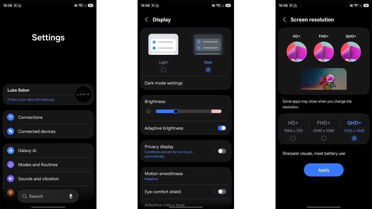 Interface on a Galaxy S26 Ultra showing screen resolution adjustment options.