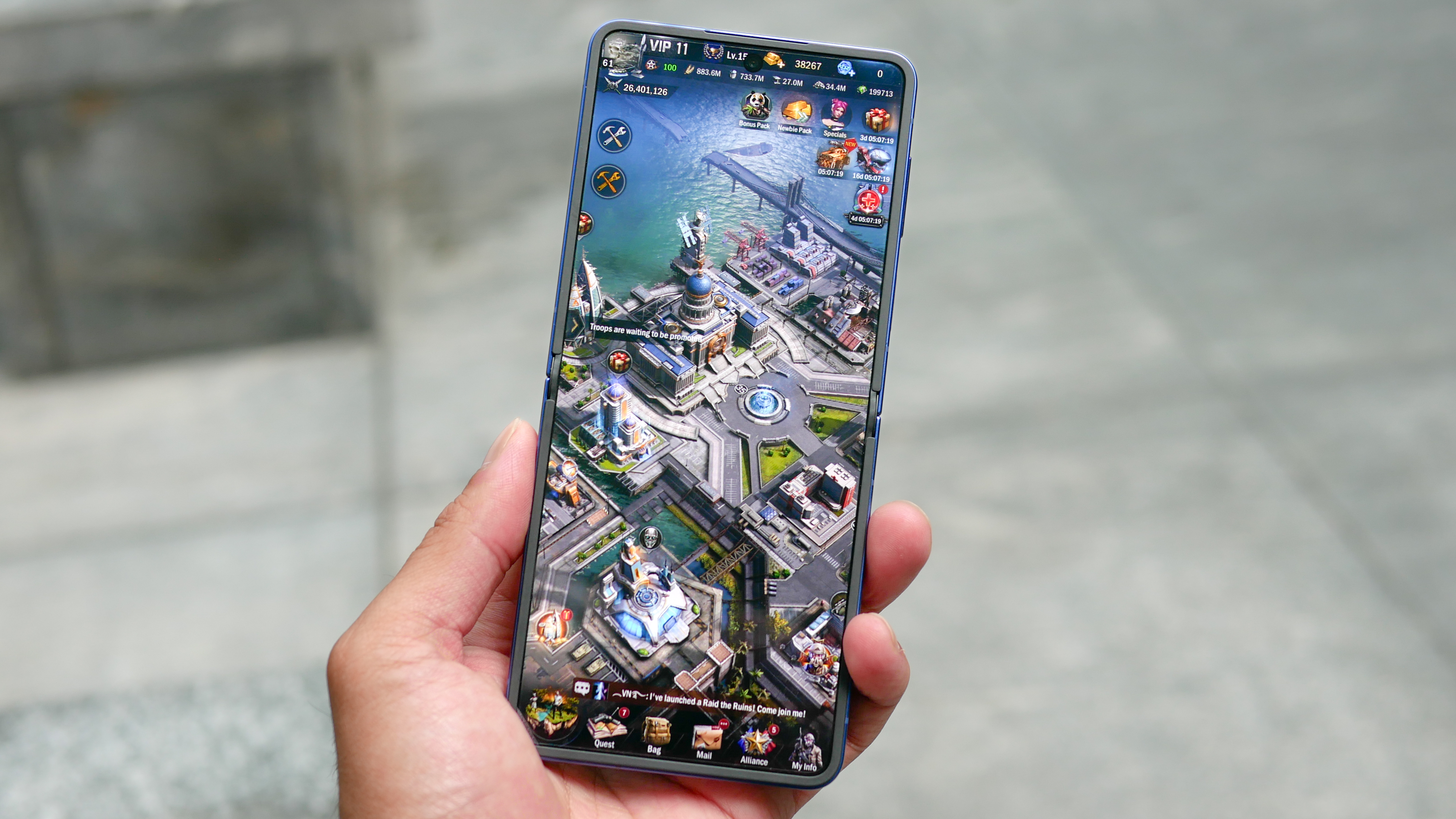 The Galaxy Z Flip 7 running a high-end mobile game.
