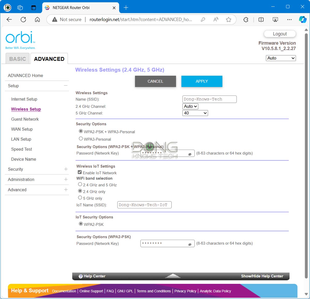 Web browser interface showing the advanced Wi-Fi setup and 6GHz band configuration for Orbi.