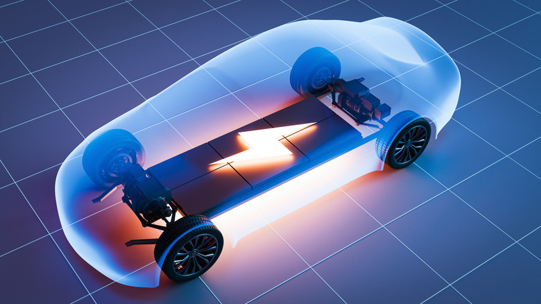 A digital render of a translucent car showing a battery and green energy symbol.