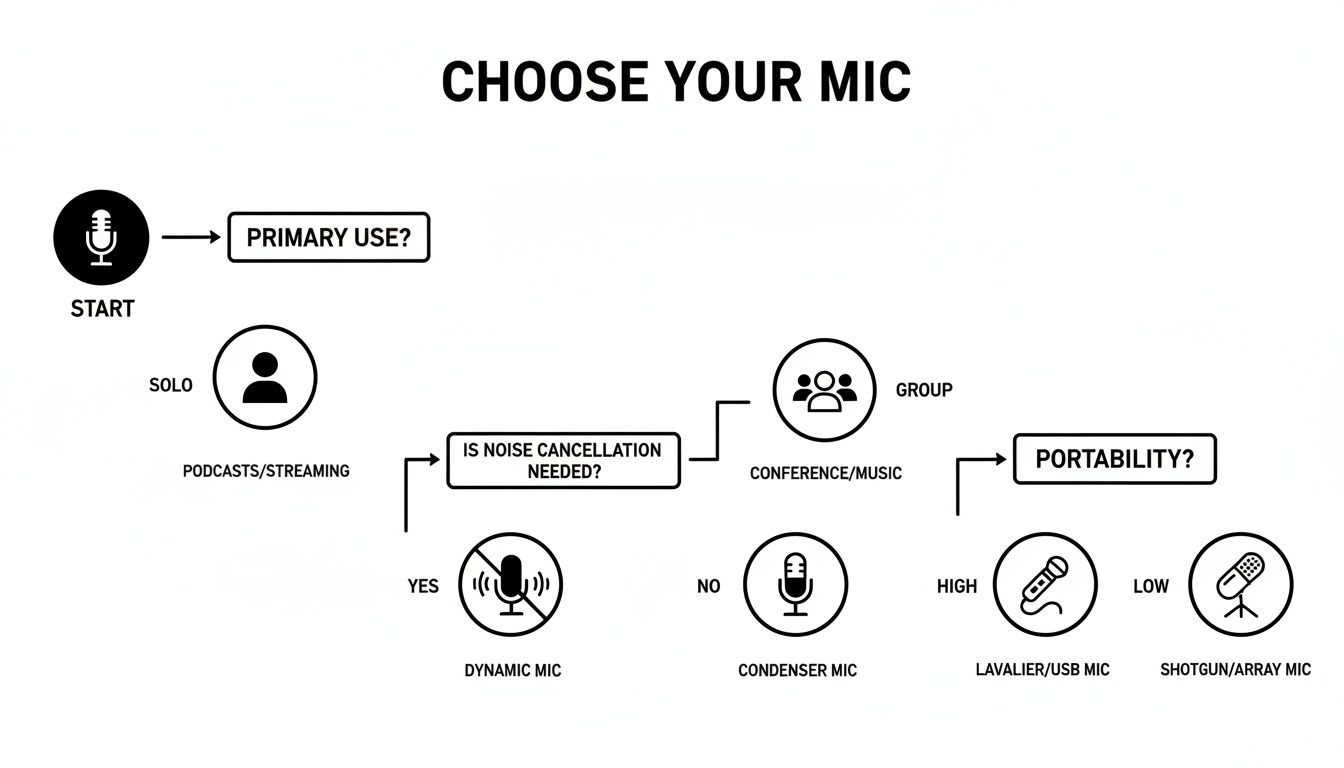 A visual flowchart guide for choosing between dynamic and condenser microphones.