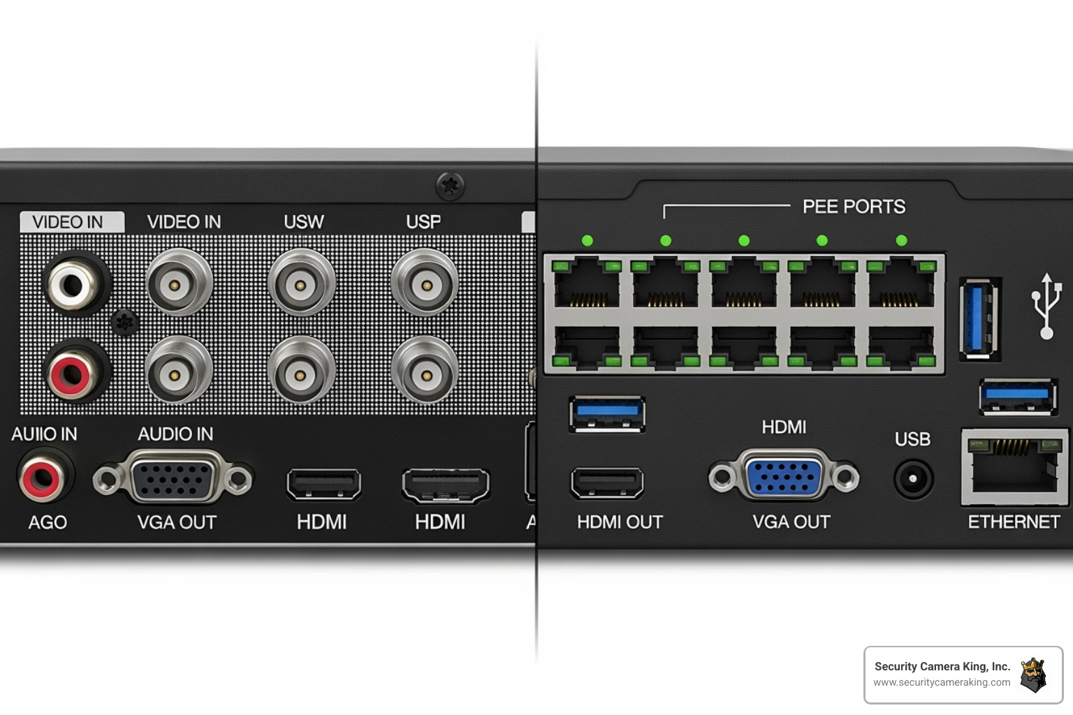 Back panel view comparing the ports and connections of DVR and NVR surveillance units.
