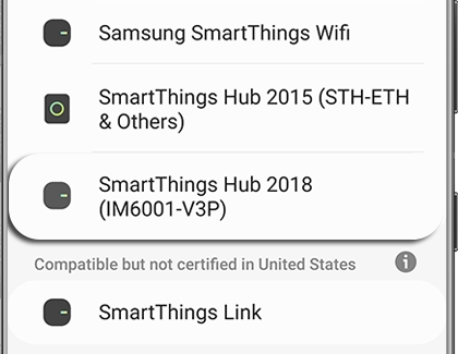 Mobile app interface displaying options to add a SmartThings Hub or local device.