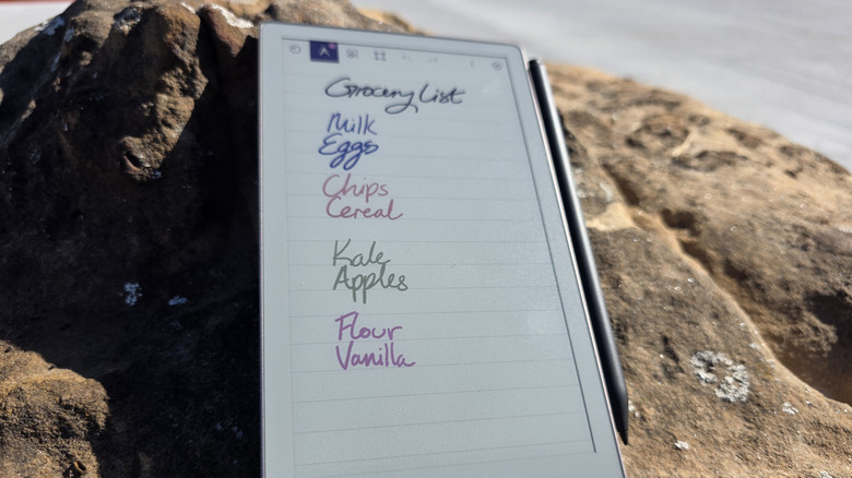 The reMarkable Paper Pro Move without a case, displaying a handwritten grocery list.