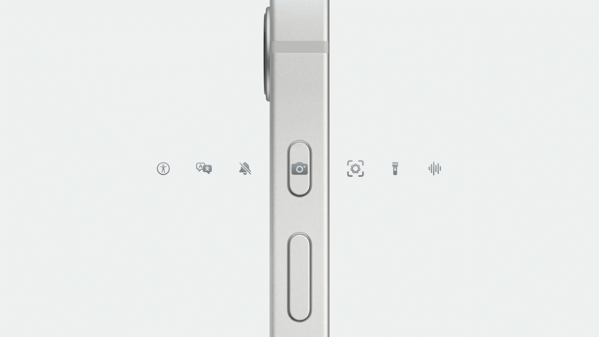 Close-up animation of the iPhone 16e Action Button being pressed.