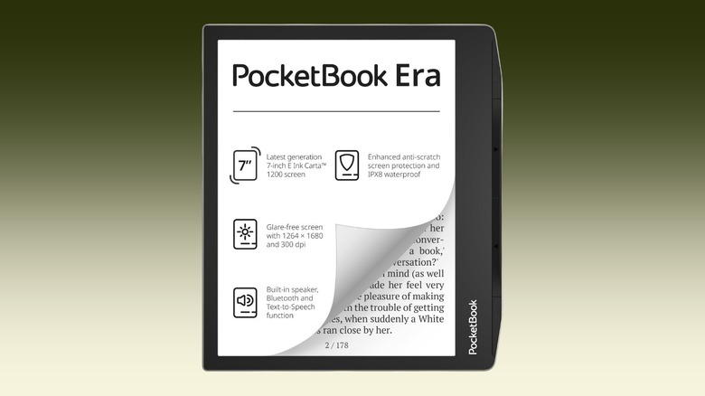 The PocketBook Era e-reader showing its side buttons and slim profile.