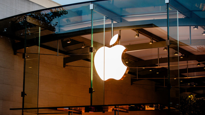 The iconic white Apple logo visible through a store window.