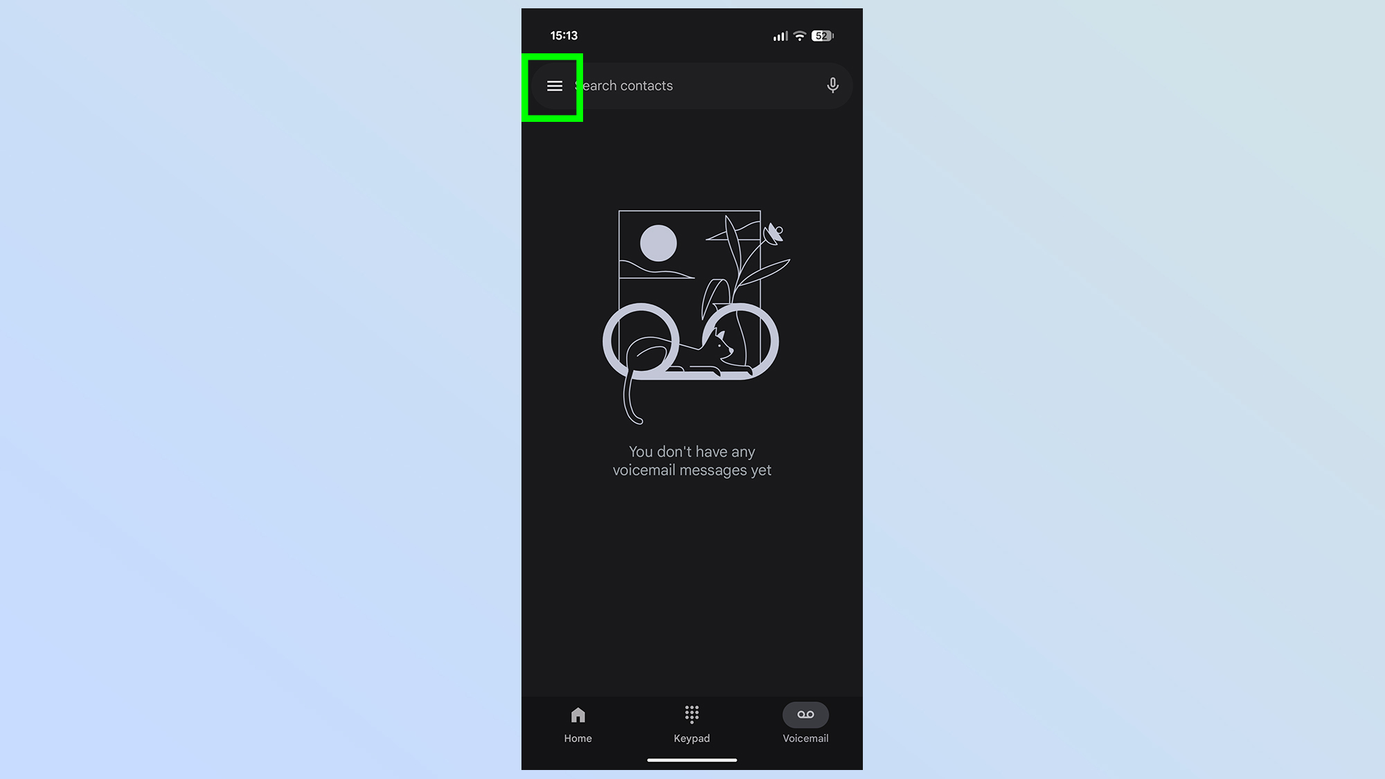 User tapping the menu icon within the official Google Phone app on a Pixel device.