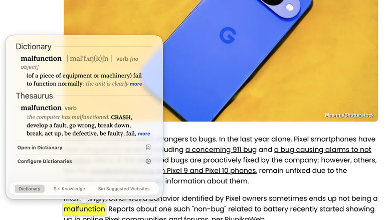 A macOS Look Up pop-up window showing the definition of a word selected in an article.
