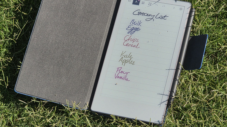 reMarkable Paper Pro Move with a folio case placed on green grass showing a clear screen under daylight.