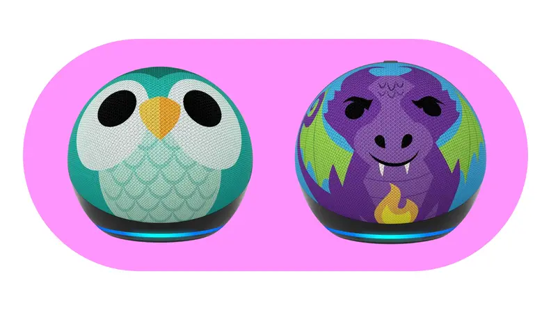 Two Amazon Echo Dot Kids speakers styled as an owl and a dragon.