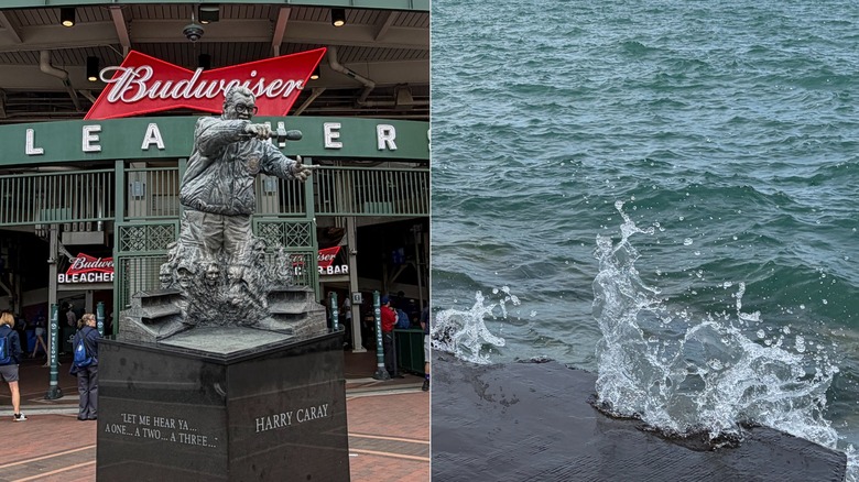 A collage showing a detailed statue and water splashing, demonstrating the iPhone 17's high-resolution camera performance.