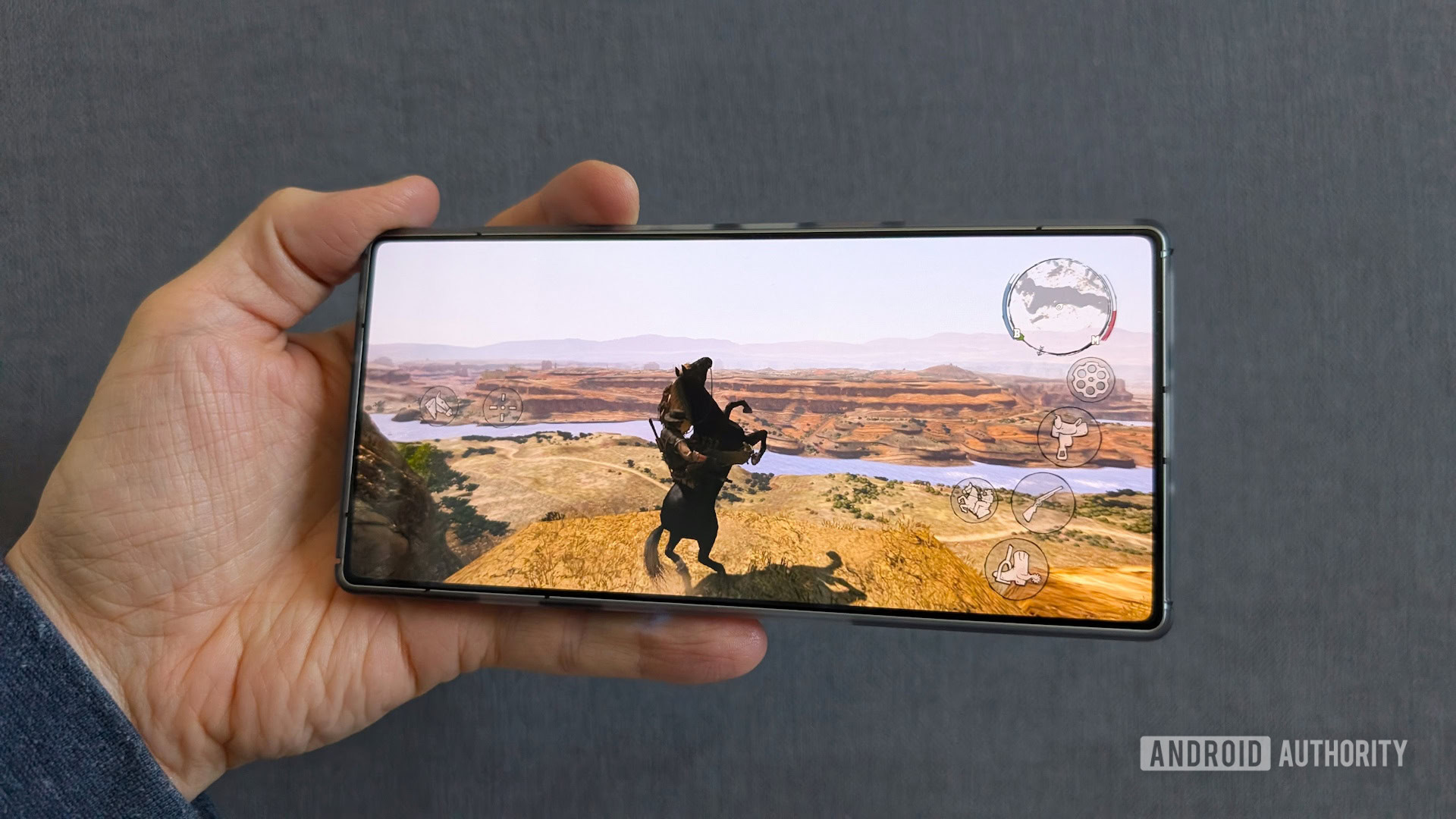 A close-up of a person playing a high-fidelity open-world action game on a 2026 Android smartphone.