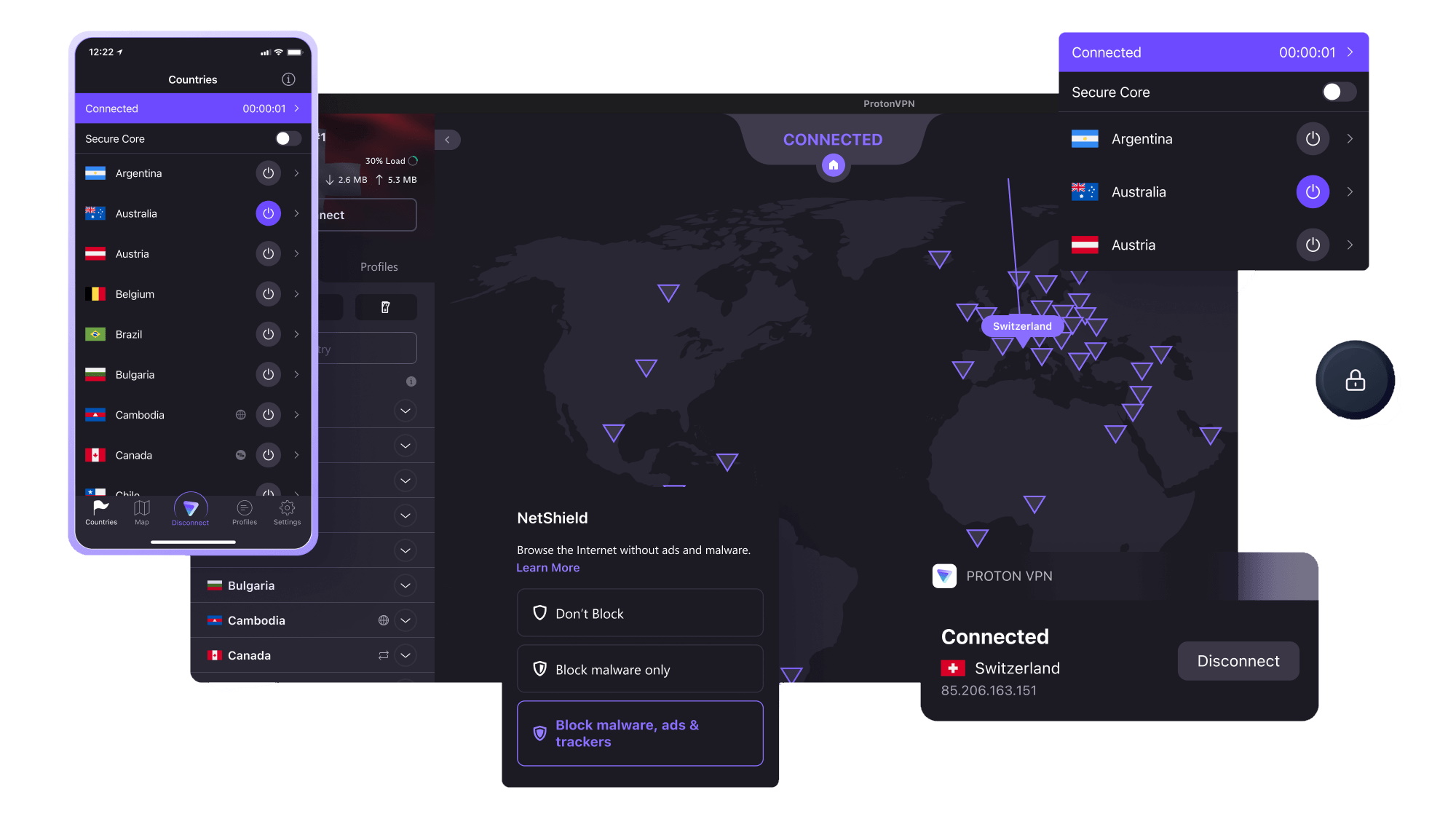 Proton VPN application interface displayed on both mobile and desktop screens showing server locations and connection status.