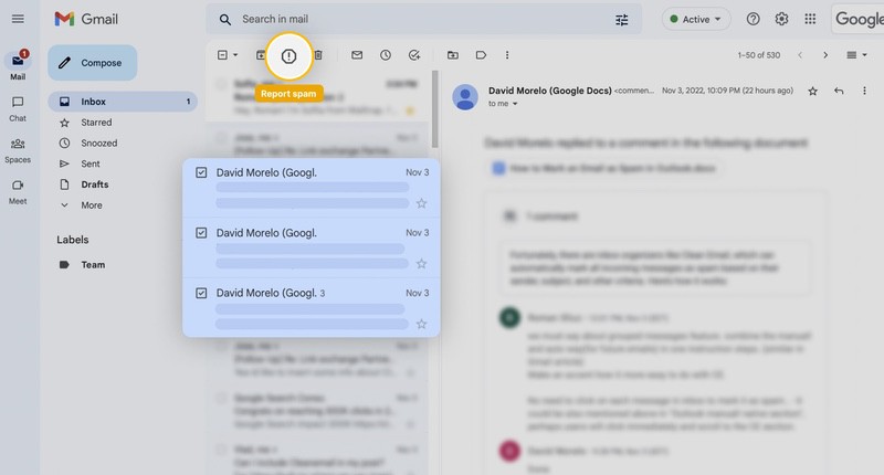 A Gmail notification box offering the choice to report a message as spam and unsubscribe simultaneously.