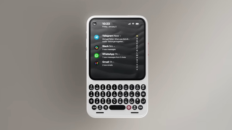 Front view of the Clicks Communicator showing the 4.03-inch AMOLED display and physical keys.