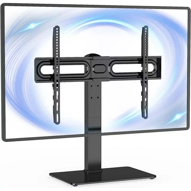A universal TV stand that sits on furniture, providing a mount-like look without drilling.