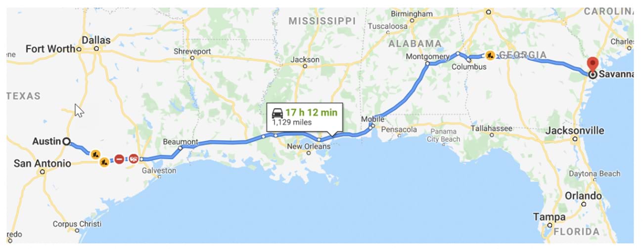 Google Maps screen showing a long-distance route between Austin and Savannah with multiple potential paths.