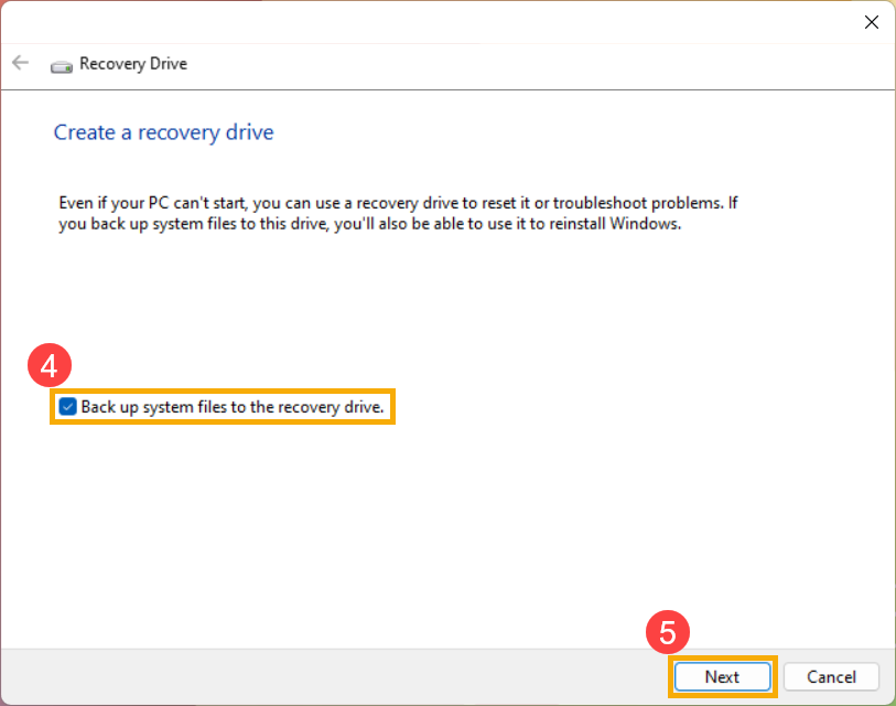 Windows Recovery Drive tool window with the 'Back up system files to the recovery drive' checkbox selected.