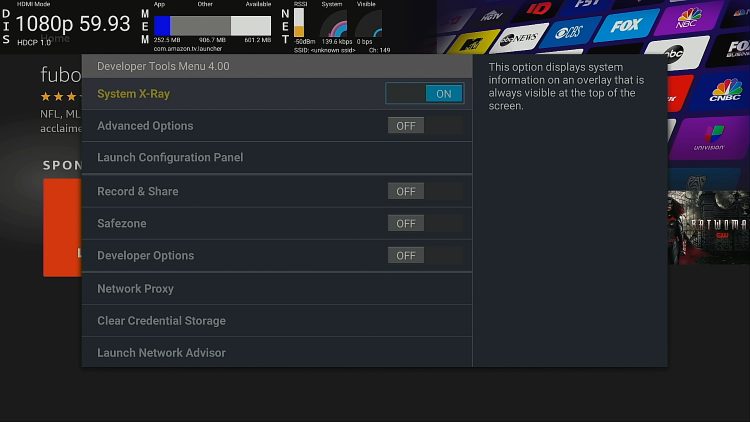 A Firestick screen showing the System X-Ray overlay with CPU and memory usage statistics.