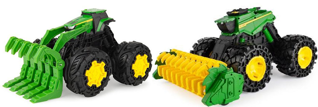 John Deere Monster Treads 18-inch Super Combine and Rev Up Tractor toys.