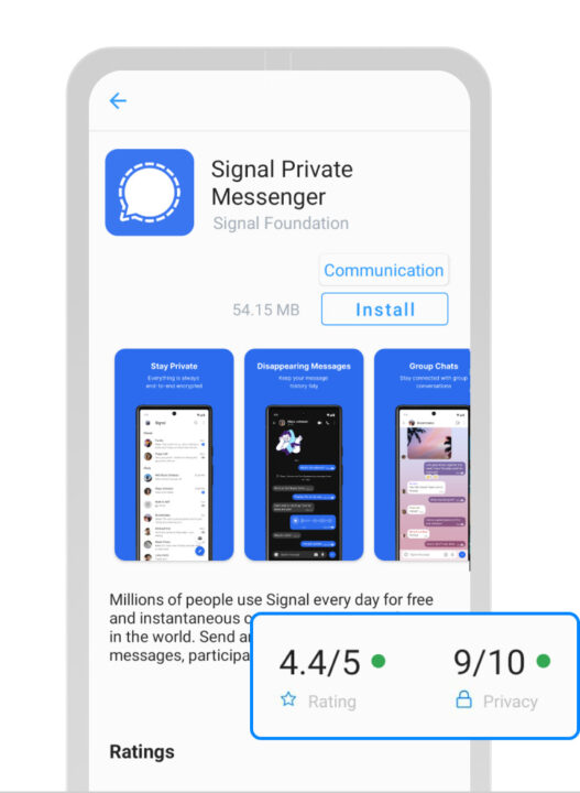 The /e/OS App Lounge interface displaying privacy scores for various applications.