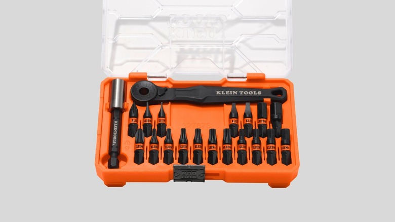 The Klein Tools Micro-Ratchet 20-piece set organized in its compact carrying case.