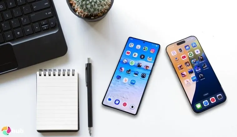 Side-by-side design comparison of Apple's flat minimalist design and Samsung's curved aesthetic.