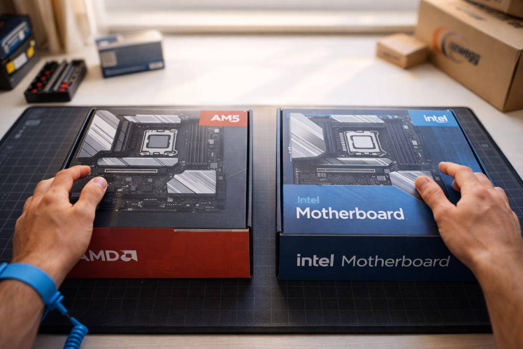 A hand hovering over a selection of motherboards, symbolizing the choice between different socket architectures.