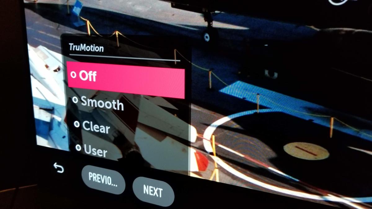 An LG TV settings screen showing the Clarity menu and TruMotion options.