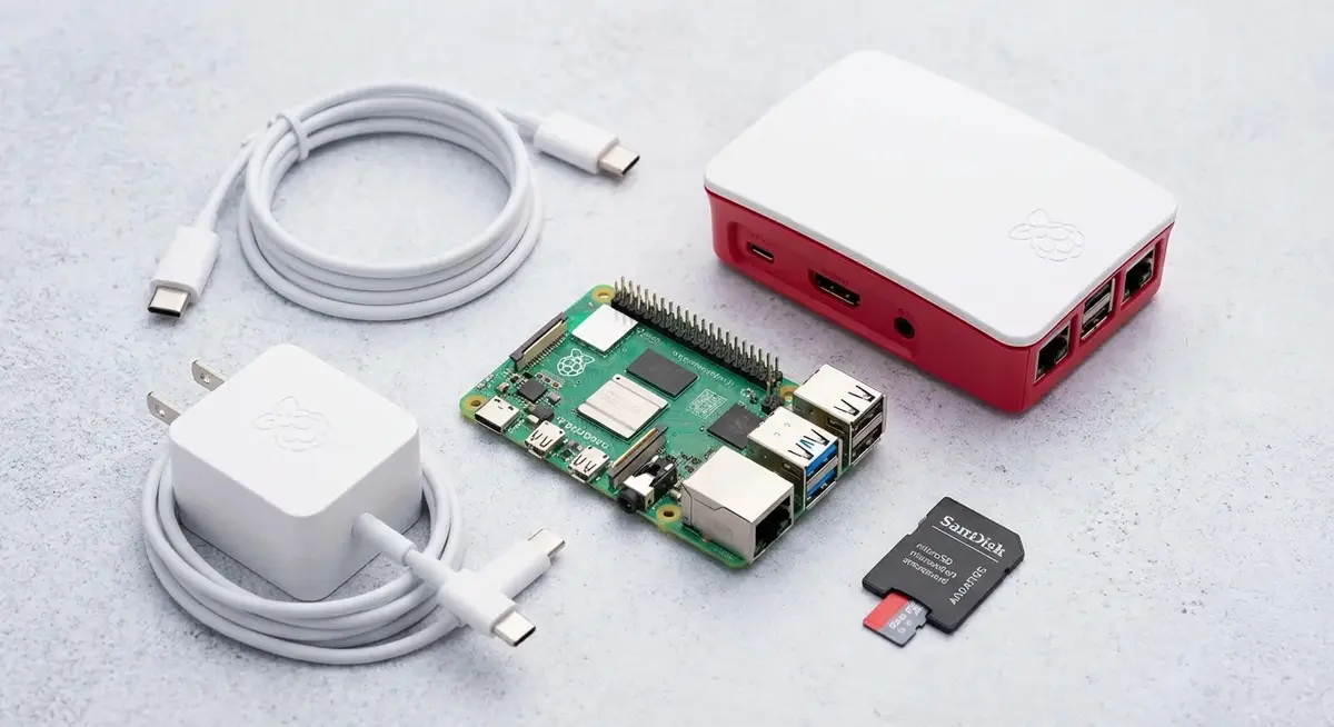 A collection of Raspberry Pi 5 hardware including the board, a protective case, power adapter, and microSD card.