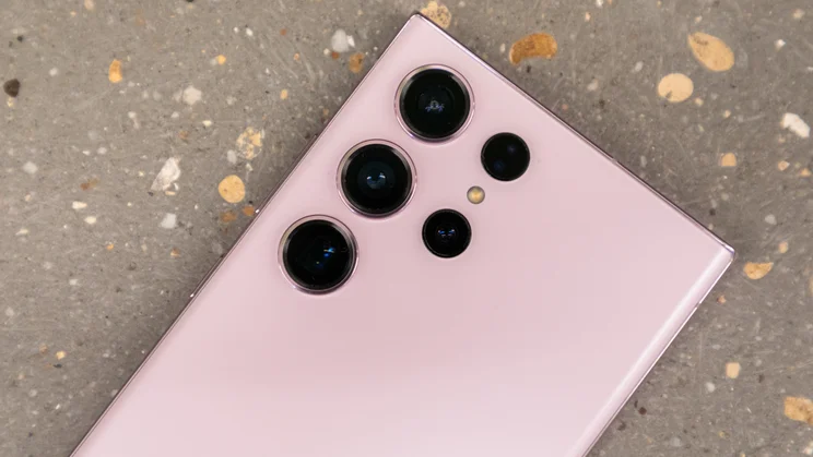 Close-up view of the Samsung Galaxy S23 Ultra rear camera module featuring multiple lenses.