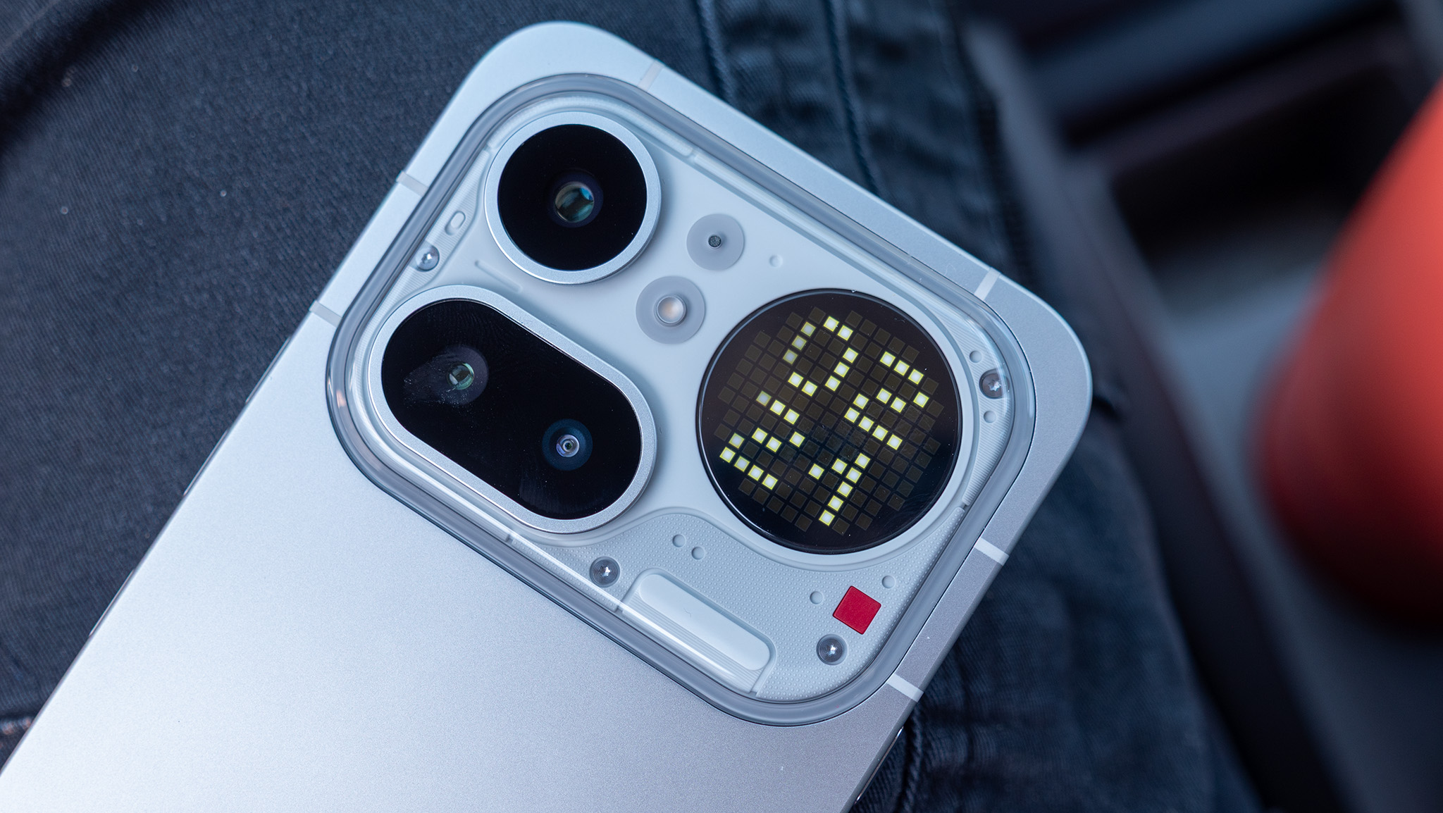 Close-up detail of the Glyph Matrix LED lighting system on the back of the Nothing Phone 4a Pro.