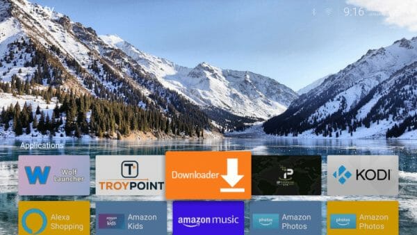 A minimalist Firestick home screen using the Wolf Launcher interface.