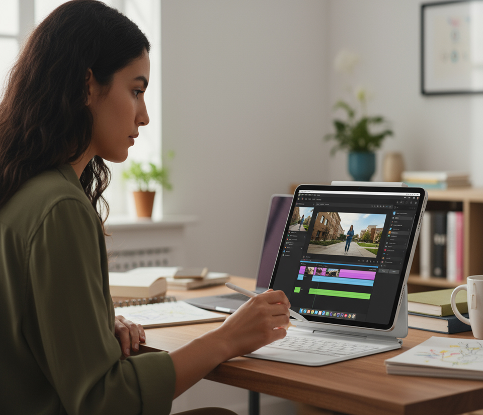 A person using the iPad Air M3 to edit high-resolution video footage.