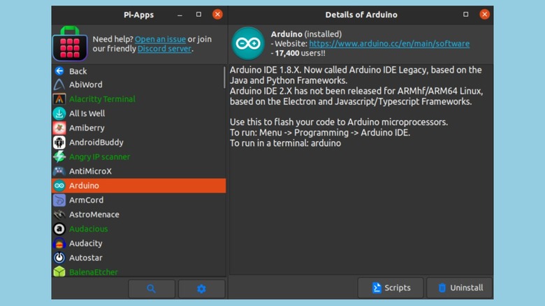 The Pi-Apps interface on Raspberry Pi OS showing a library of installable applications.