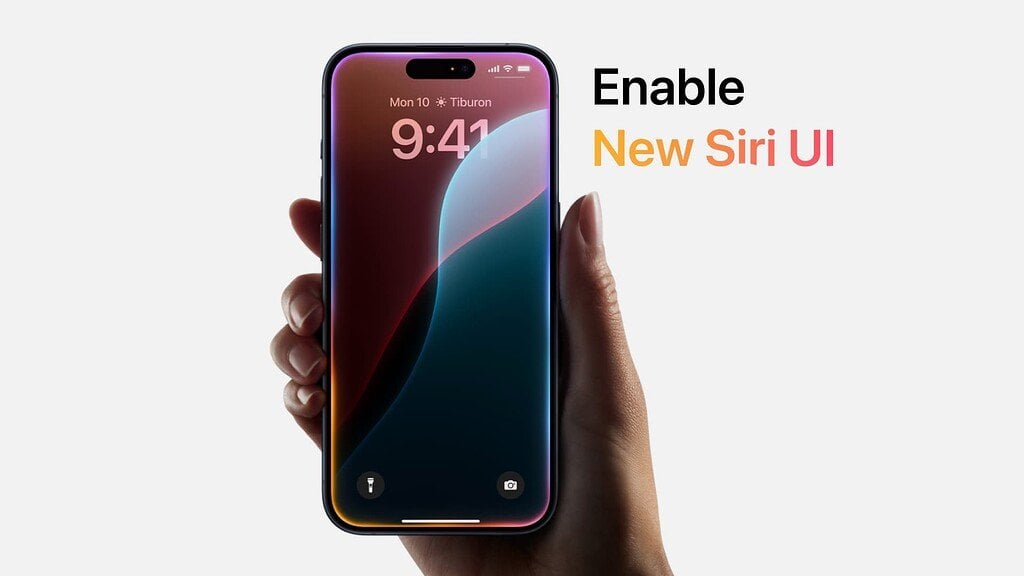 A new iPhone model showcasing the redesigned glowing Siri interface.